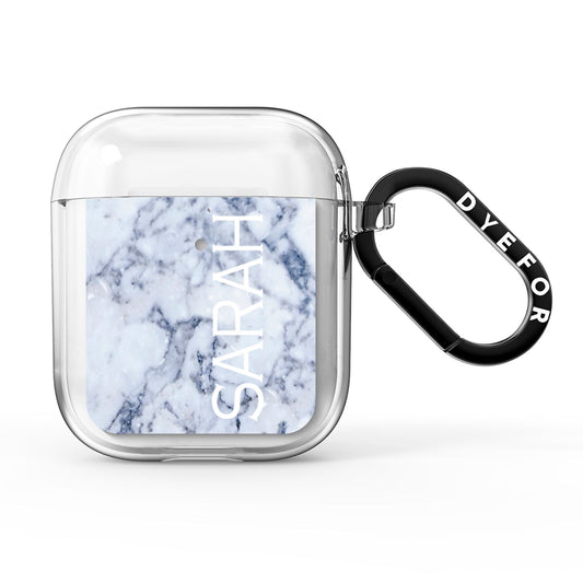 Personalised Clear Name Cutout Blue Marble Custom AirPods Clear Case