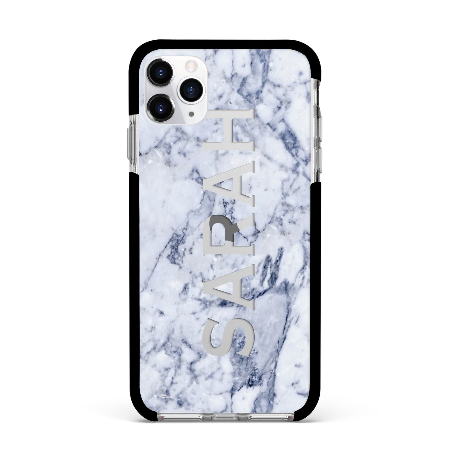 Personalised Clear Name Cutout Blue Marble Custom Apple iPhone 11 Pro Max in Silver with Black Impact Case