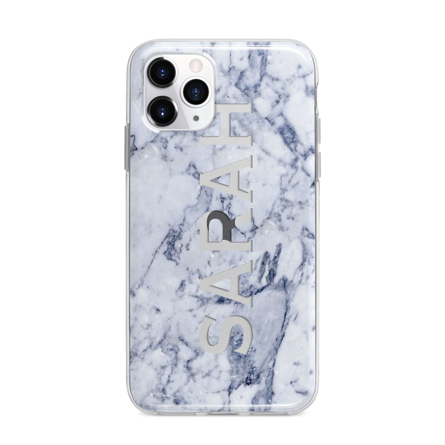 Personalised Clear Name Cutout Blue Marble Custom Apple iPhone 11 Pro Max in Silver with Bumper Case