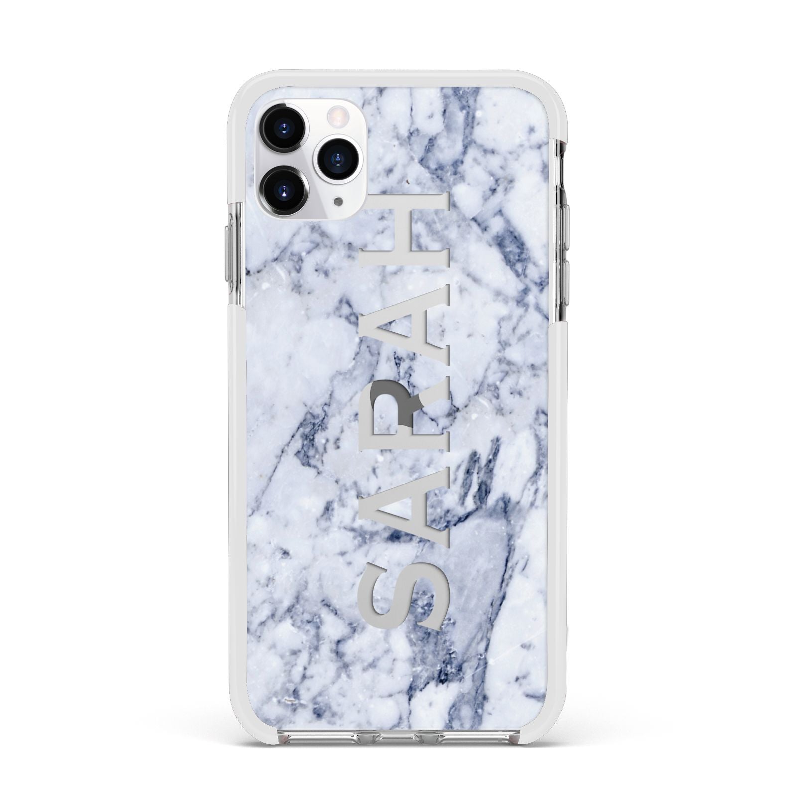 Personalised Clear Name Cutout Blue Marble Custom Apple iPhone 11 Pro Max in Silver with White Impact Case