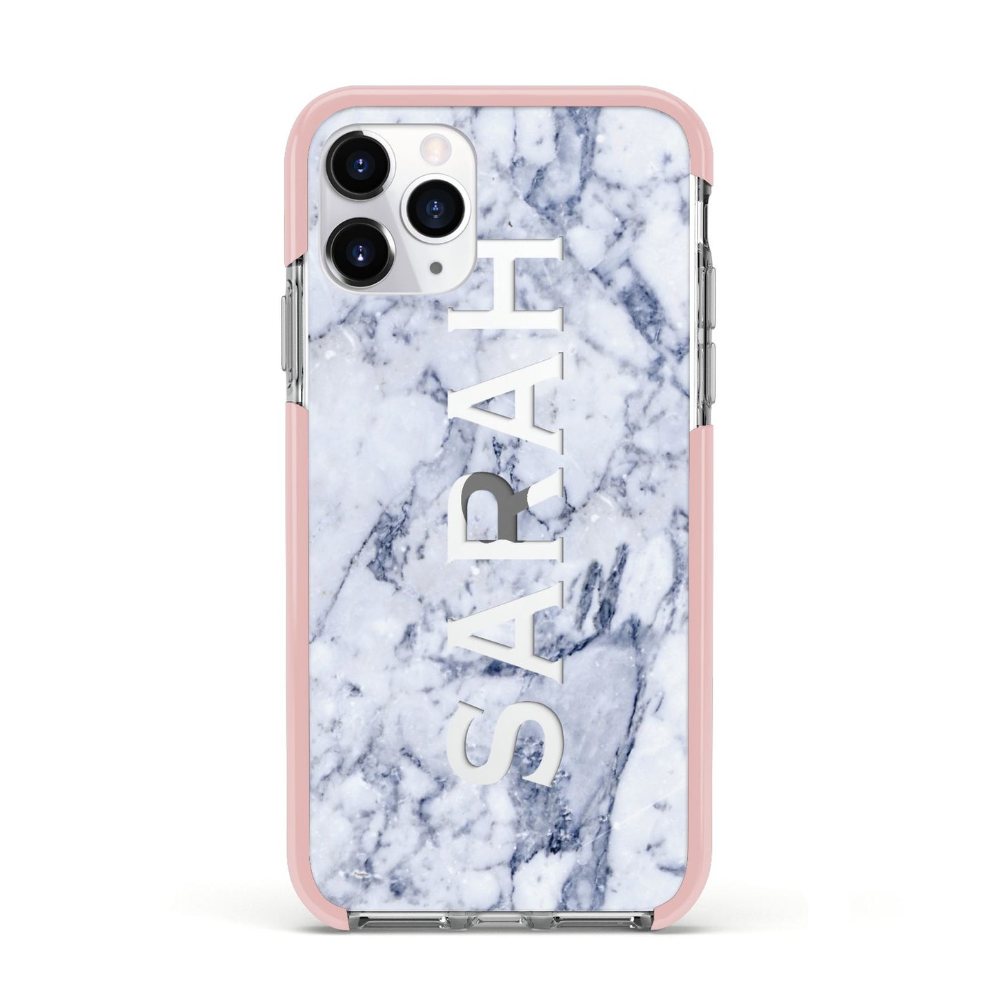 Personalised Clear Name Cutout Blue Marble Custom Apple iPhone 11 Pro in Silver with Pink Impact Case