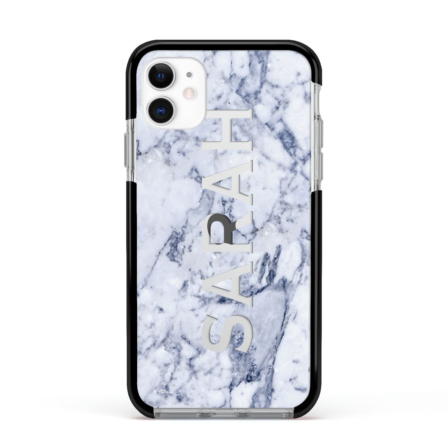 Personalised Clear Name Cutout Blue Marble Custom Apple iPhone 11 in White with Black Impact Case