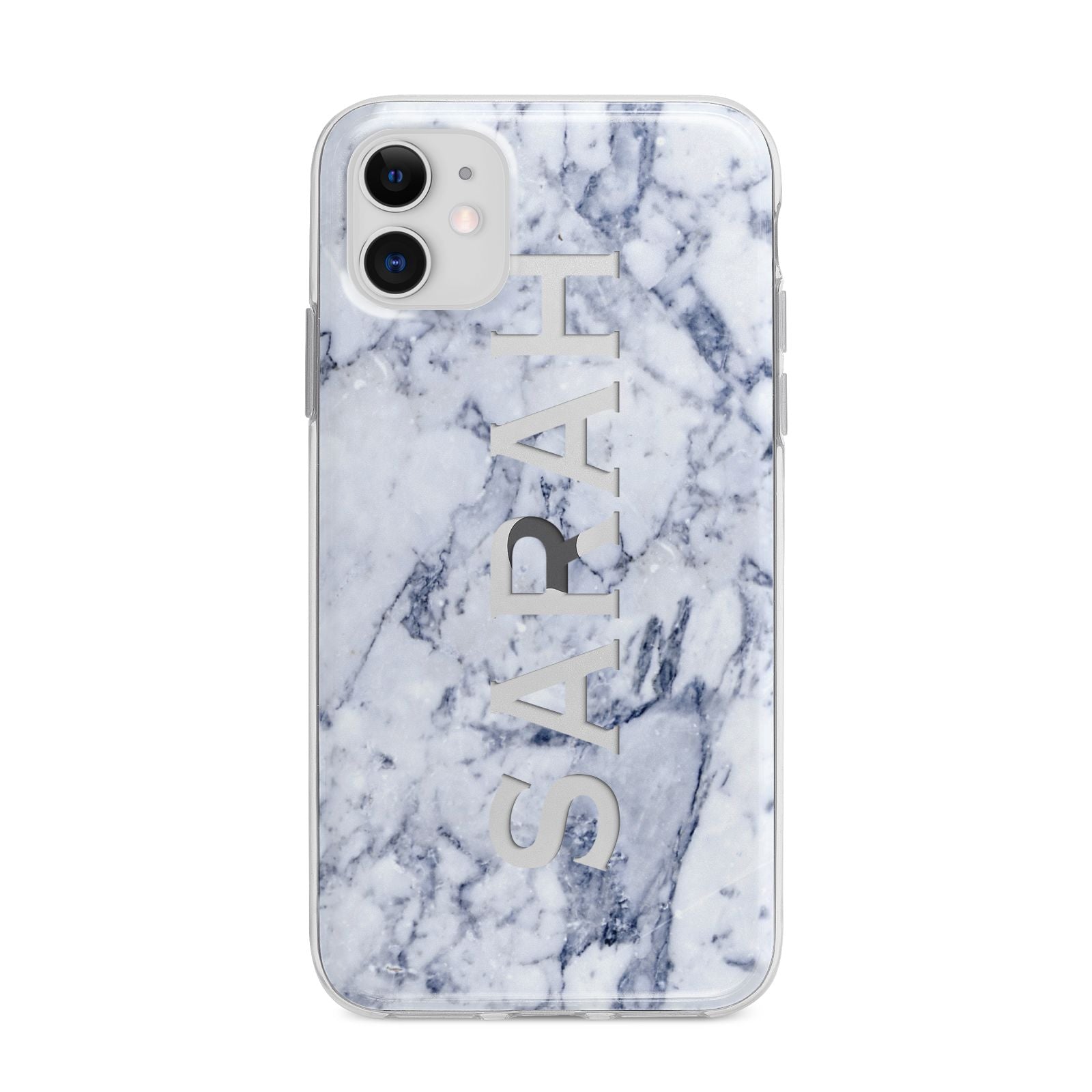 Personalised Clear Name Cutout Blue Marble Custom Apple iPhone 11 in White with Bumper Case