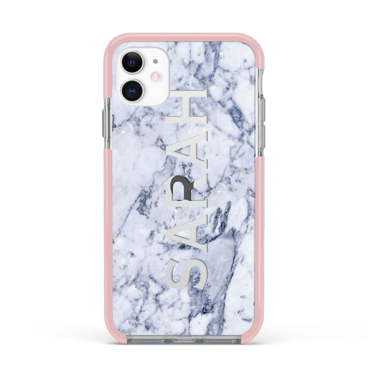 Personalised Clear Name Cutout Blue Marble Custom Apple iPhone 11 in White with Pink Impact Case