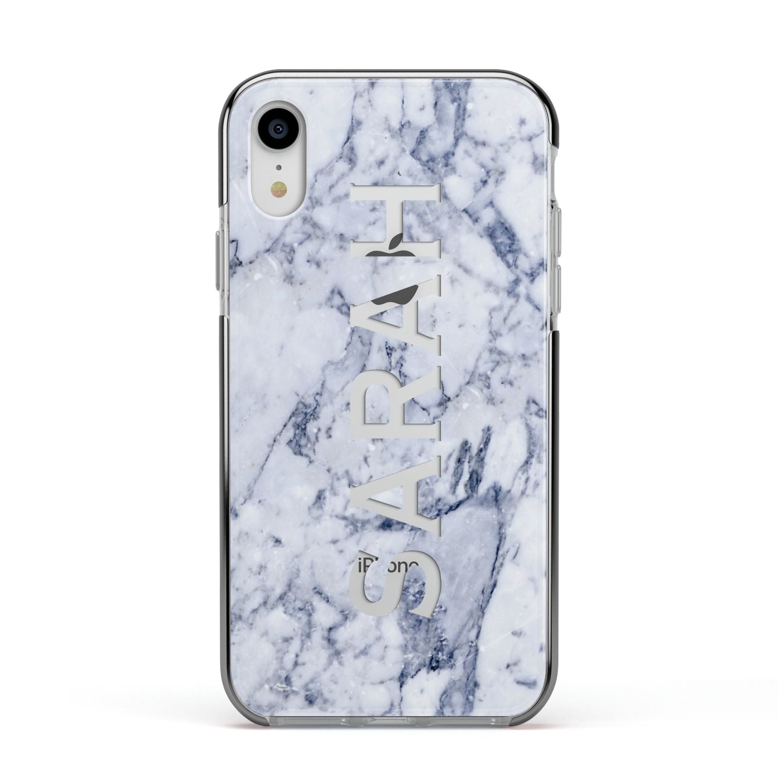 Personalised Clear Name Cutout Blue Marble Custom Apple iPhone XR Impact Case Black Edge on Silver Phone