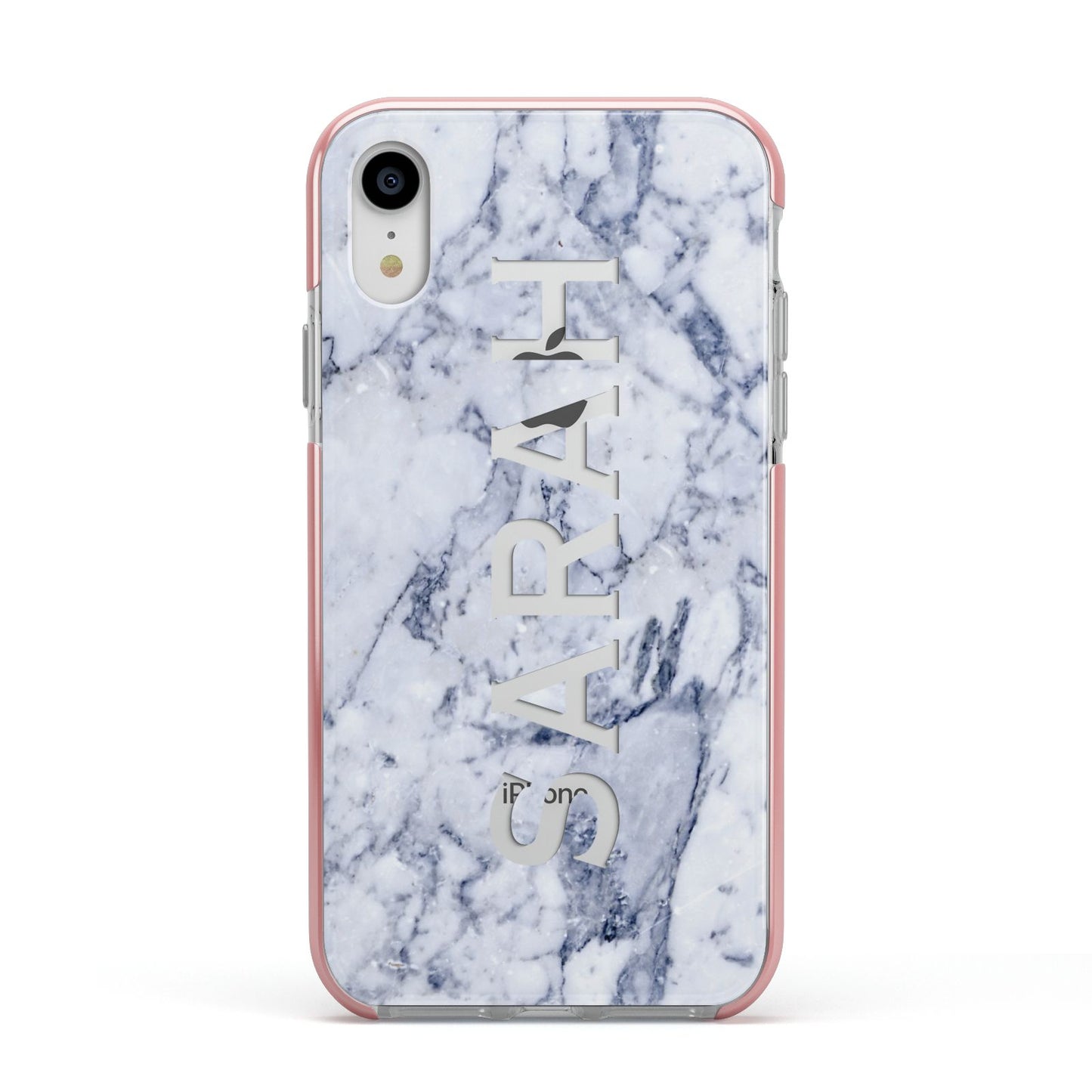 Personalised Clear Name Cutout Blue Marble Custom Apple iPhone XR Impact Case Pink Edge on Silver Phone