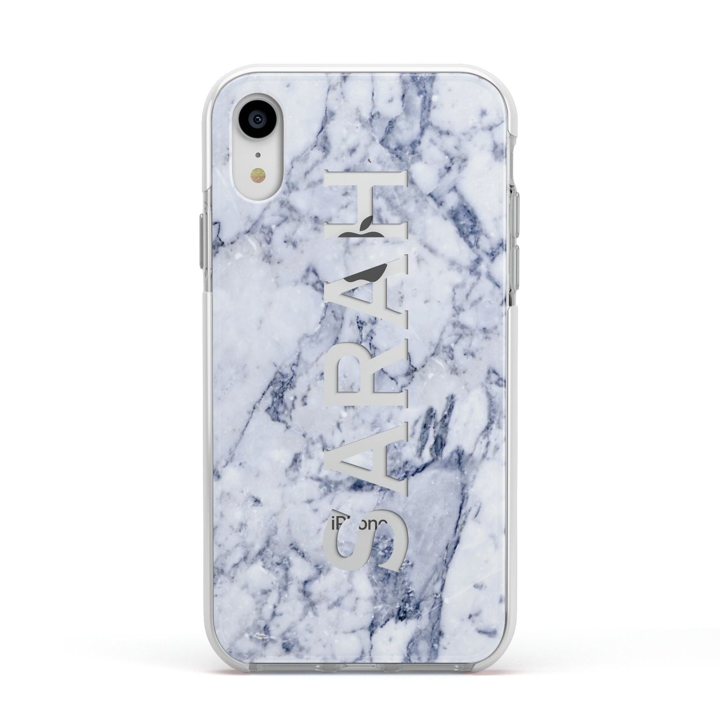 Personalised Clear Name Cutout Blue Marble Custom Apple iPhone XR Impact Case White Edge on Silver Phone