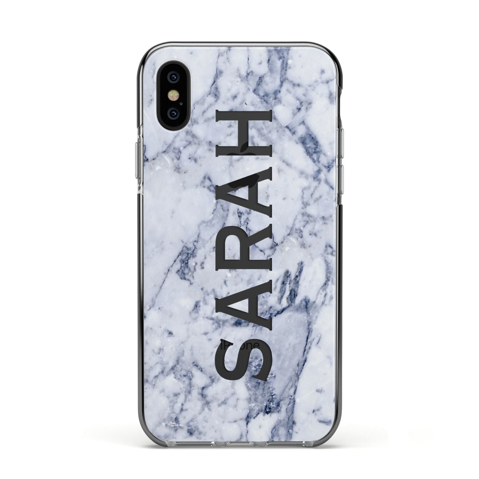 Personalised Clear Name Cutout Blue Marble Custom Apple iPhone Xs Impact Case Black Edge on Black Phone