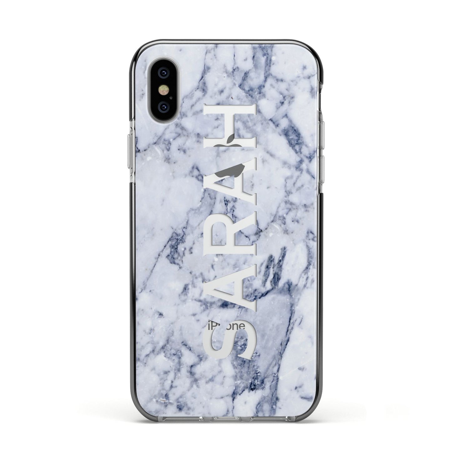 Personalised Clear Name Cutout Blue Marble Custom Apple iPhone Xs Impact Case Black Edge on Silver Phone