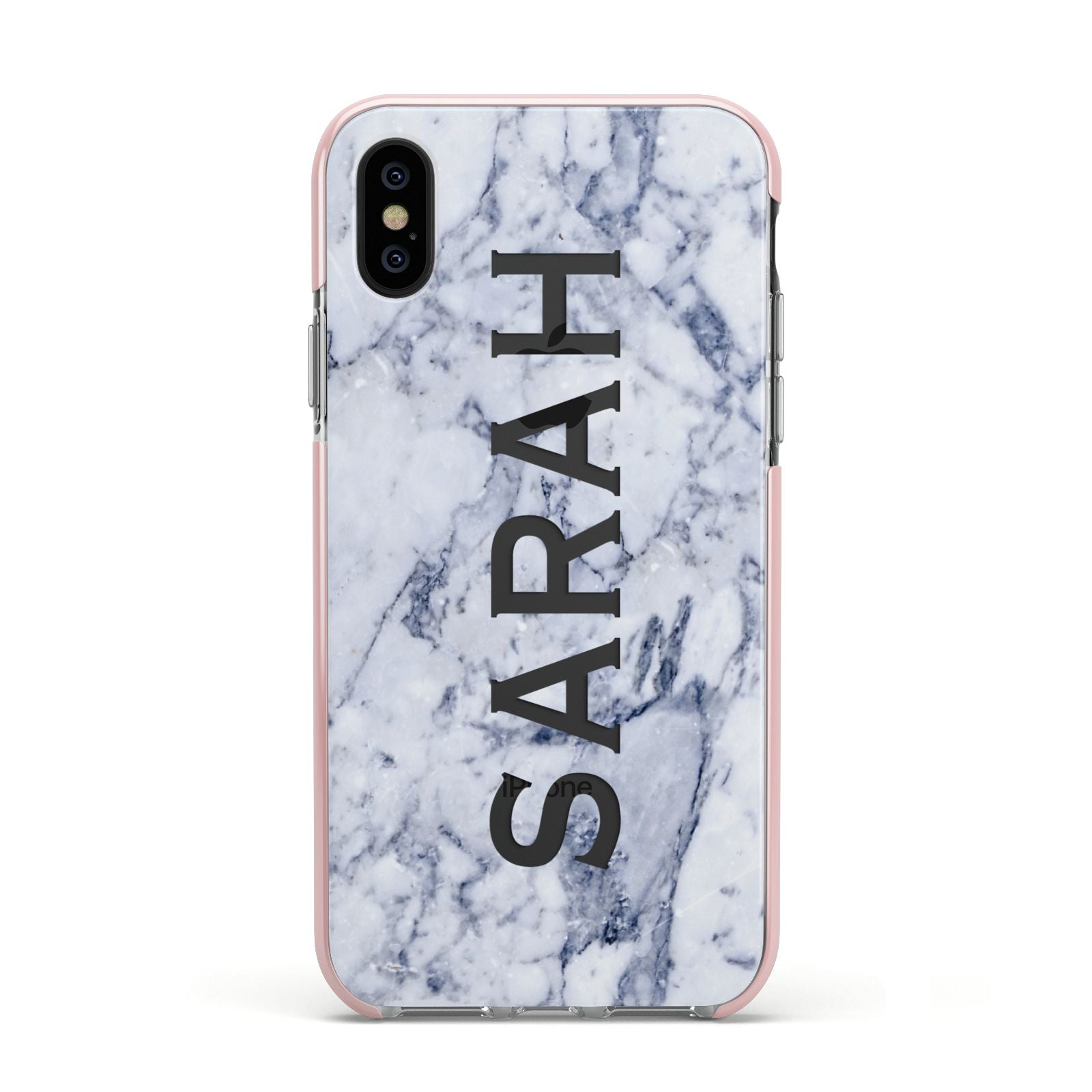 Personalised Clear Name Cutout Blue Marble Custom Apple iPhone Xs Impact Case Pink Edge on Black Phone