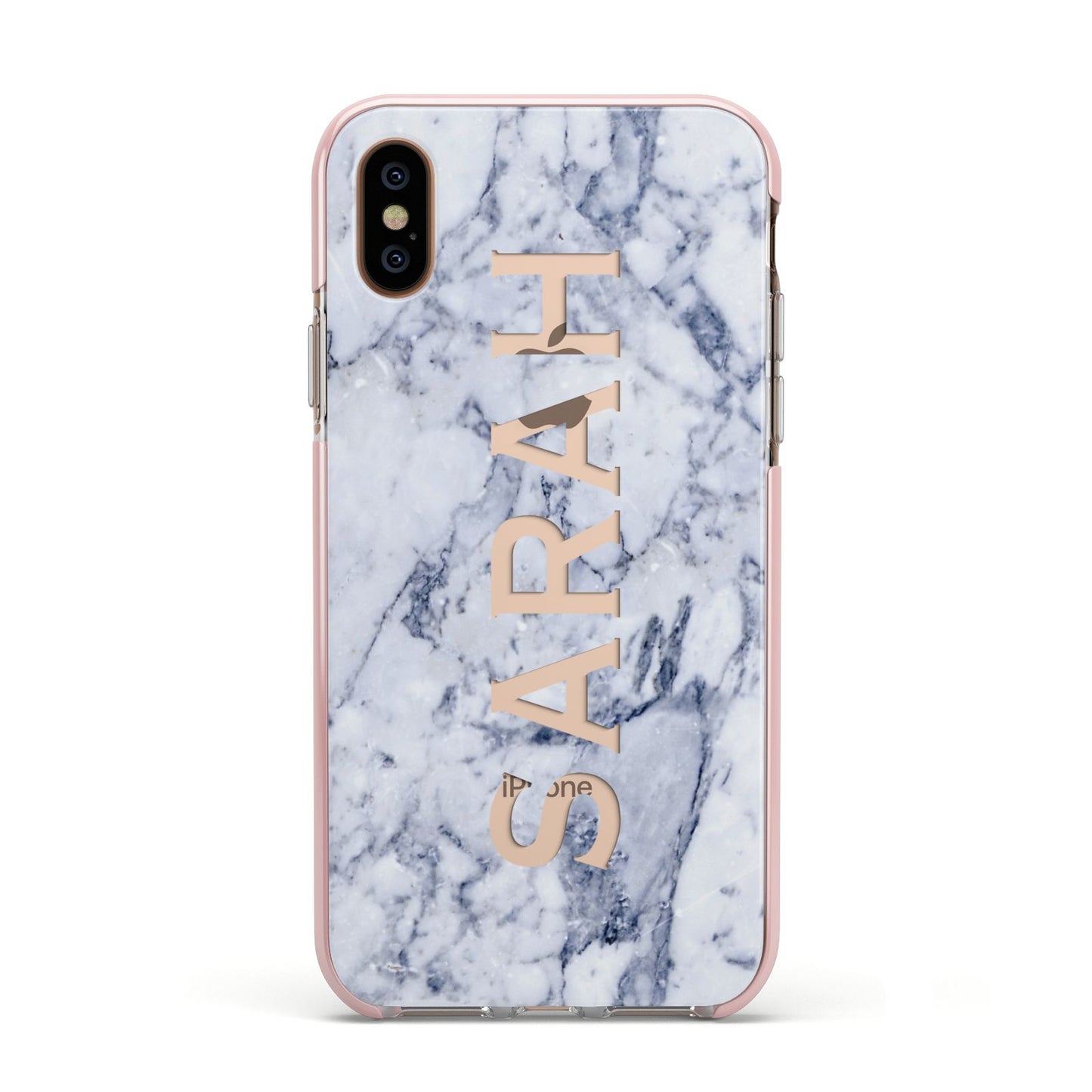 Personalised Clear Name Cutout Blue Marble Custom Apple iPhone Xs Impact Case Pink Edge on Gold Phone