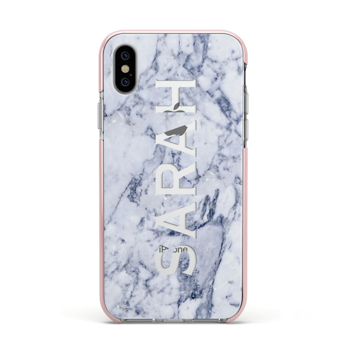 Personalised Clear Name Cutout Blue Marble Custom Apple iPhone Xs Impact Case Pink Edge on Silver Phone