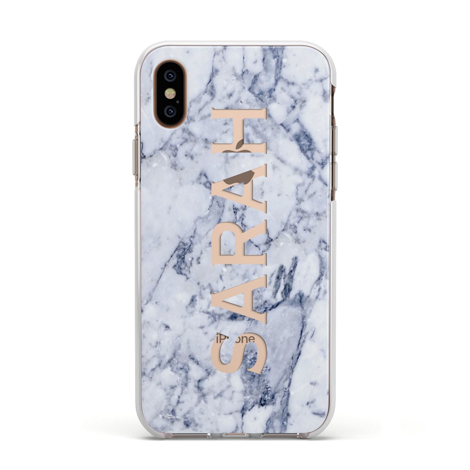 Personalised Clear Name Cutout Blue Marble Custom Apple iPhone Xs Impact Case White Edge on Gold Phone