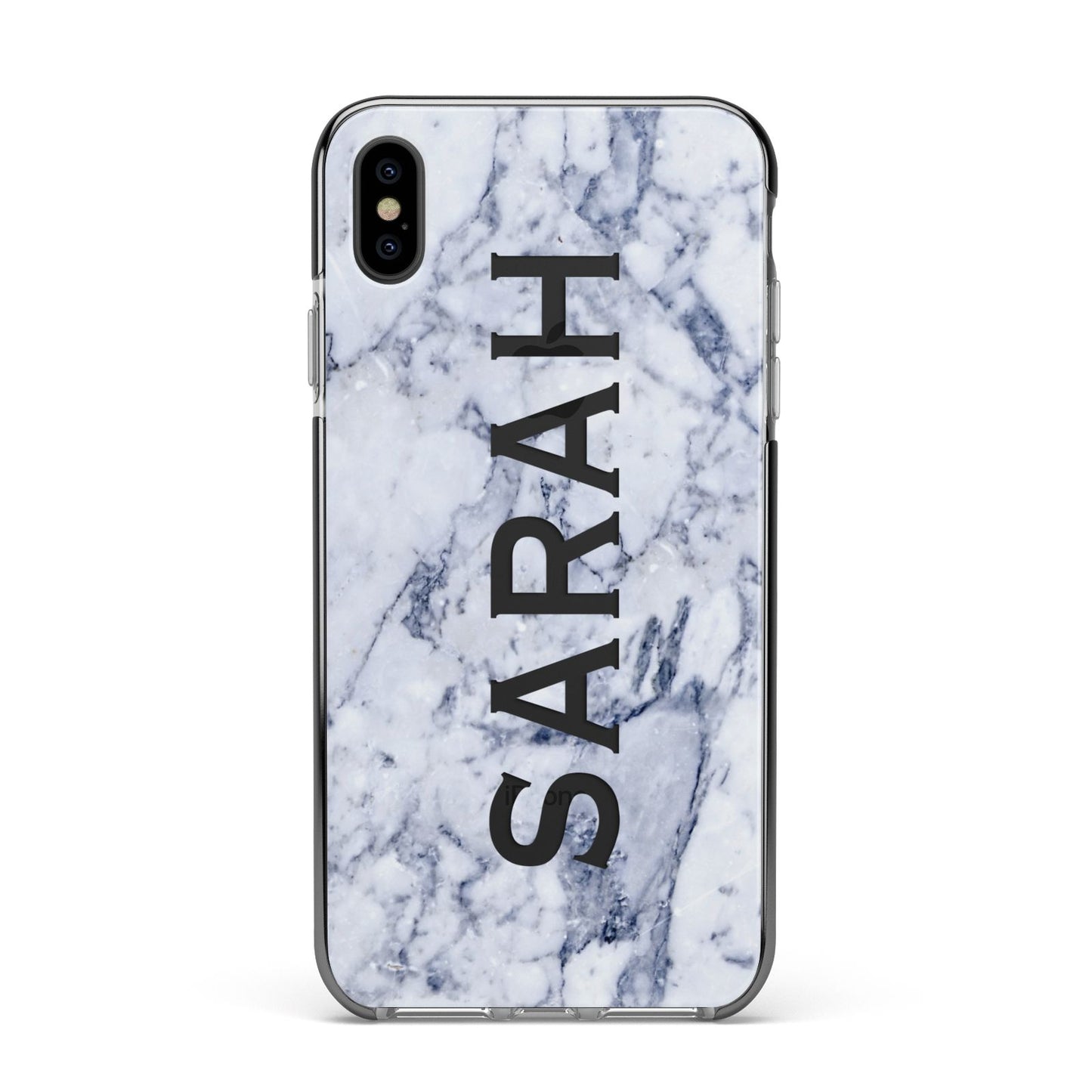 Personalised Clear Name Cutout Blue Marble Custom Apple iPhone Xs Max Impact Case Black Edge on Black Phone