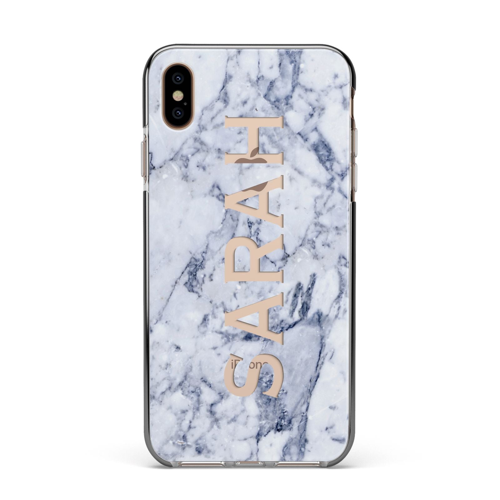 Personalised Clear Name Cutout Blue Marble Custom Apple iPhone Xs Max Impact Case Black Edge on Gold Phone