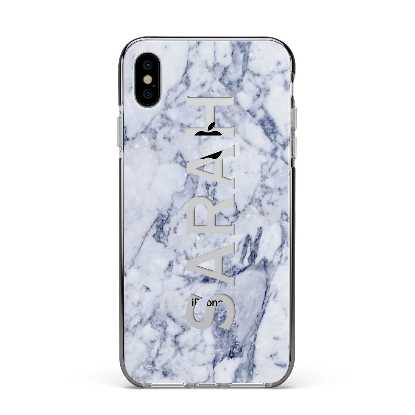 Personalised Clear Name Cutout Blue Marble Custom Apple iPhone Xs Max Impact Case Black Edge on Silver Phone