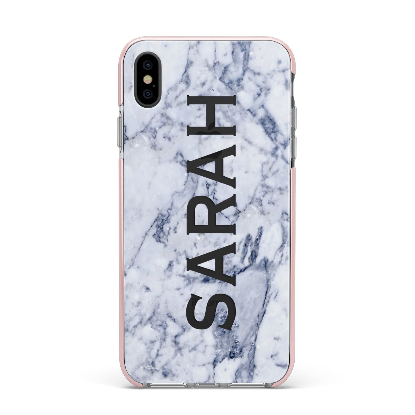 Personalised Clear Name Cutout Blue Marble Custom Apple iPhone Xs Max Impact Case Pink Edge on Black Phone