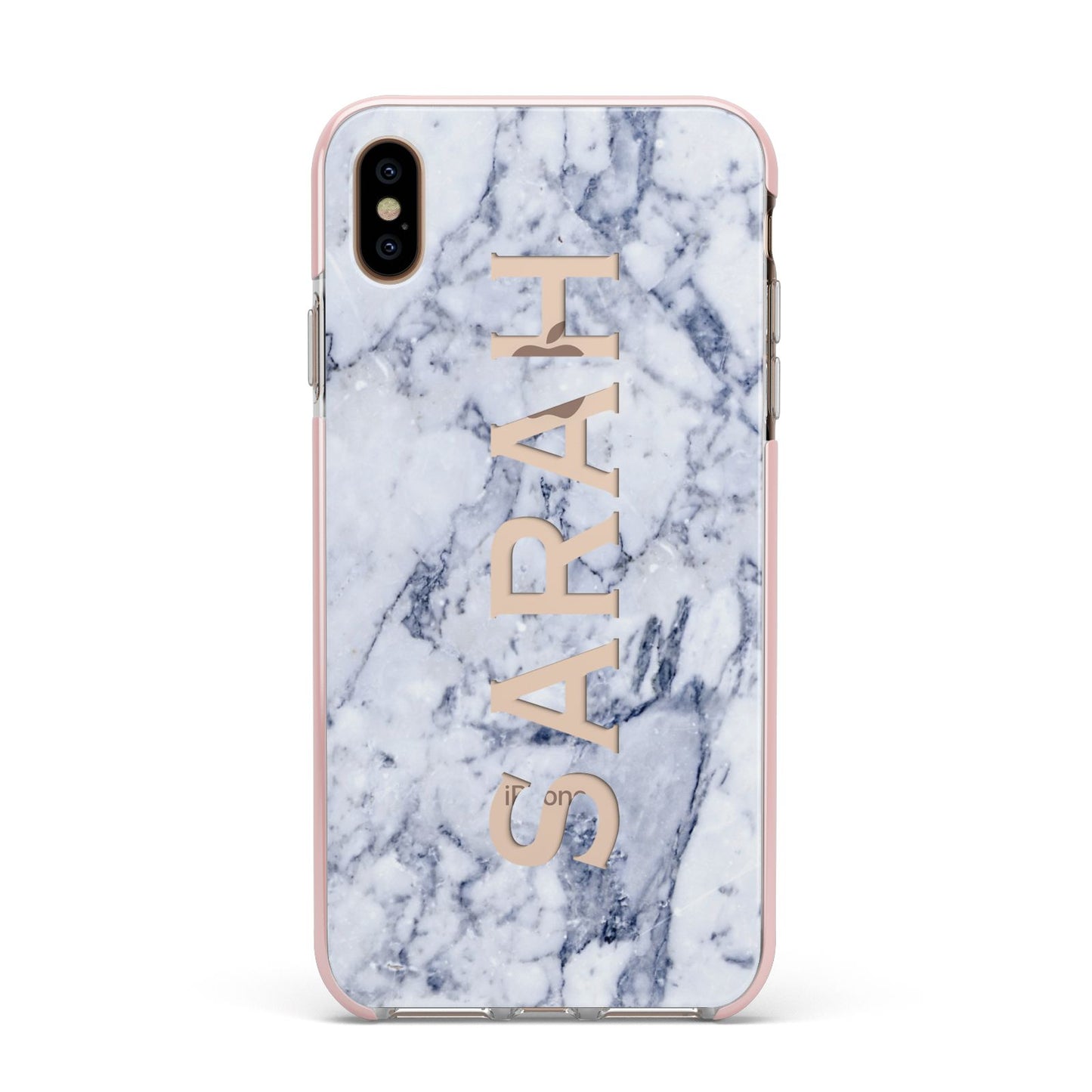 Personalised Clear Name Cutout Blue Marble Custom Apple iPhone Xs Max Impact Case Pink Edge on Gold Phone