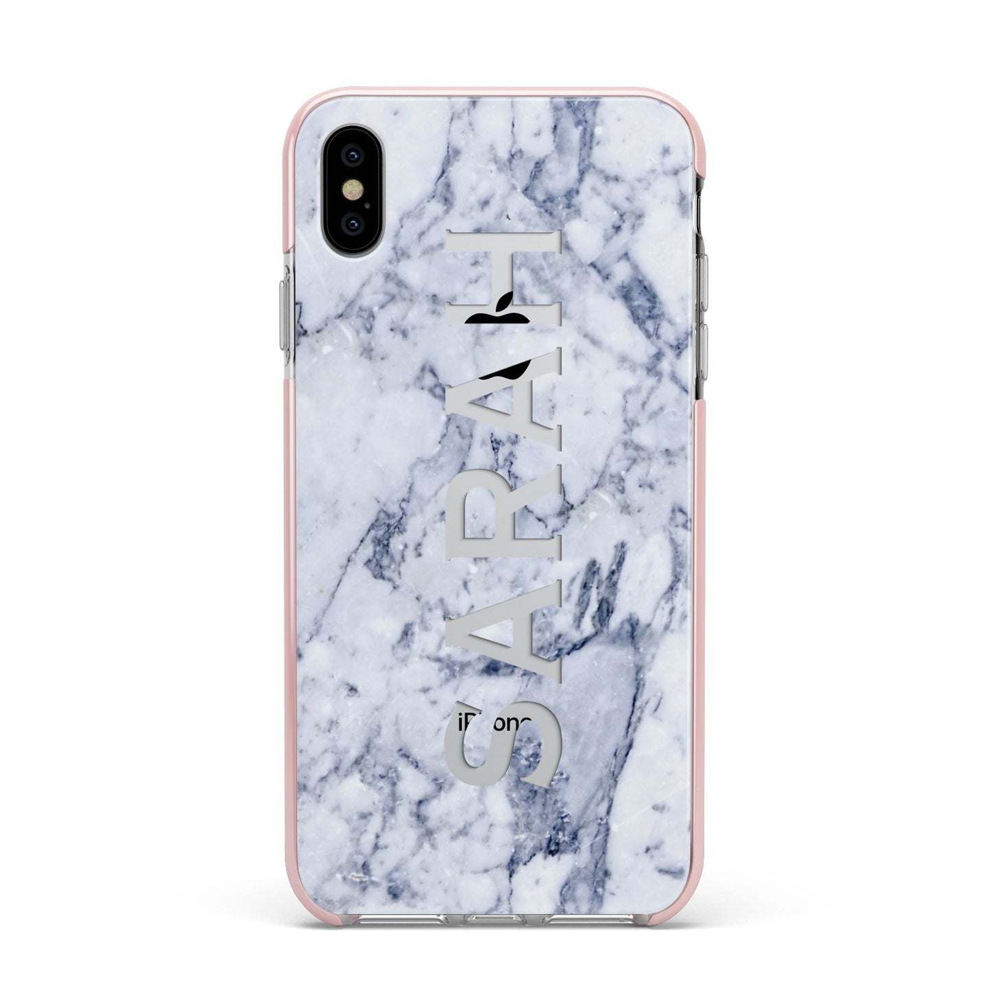 Personalised Clear Name Cutout Blue Marble Custom Apple iPhone Xs Max Impact Case Pink Edge on Silver Phone