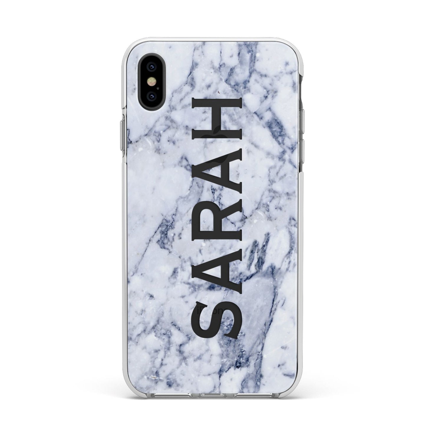 Personalised Clear Name Cutout Blue Marble Custom Apple iPhone Xs Max Impact Case White Edge on Black Phone