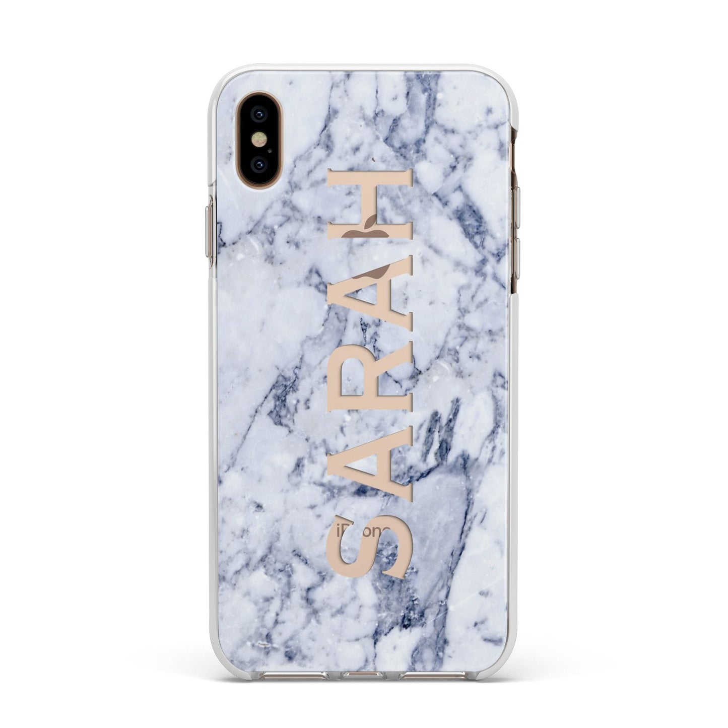 Personalised Clear Name Cutout Blue Marble Custom Apple iPhone Xs Max Impact Case White Edge on Gold Phone