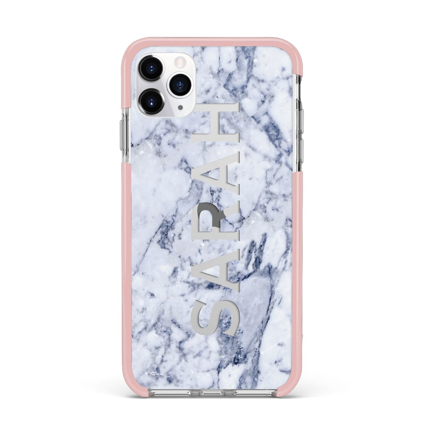 Personalised Clear Name Cutout Blue Marble Custom iPhone 11 Pro Max Impact Pink Edge Case