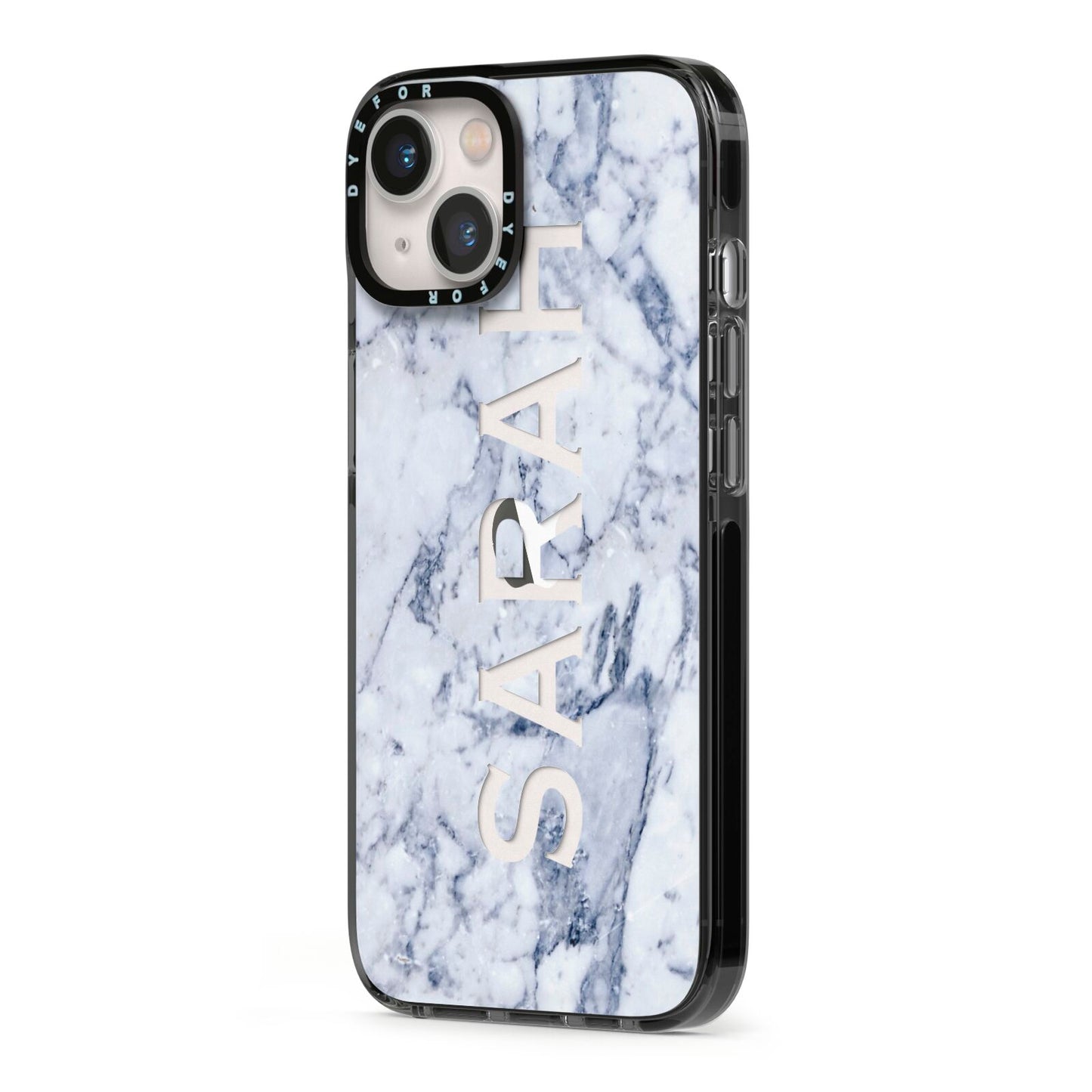 Personalised Clear Name Cutout Blue Marble Custom iPhone 13 Black Impact Case Side Angle on Silver phone