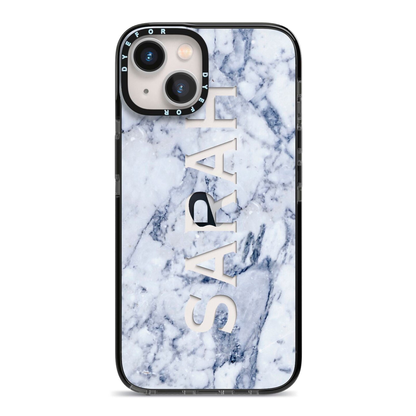 Personalised Clear Name Cutout Blue Marble Custom iPhone 13 Black Impact Case on Silver phone