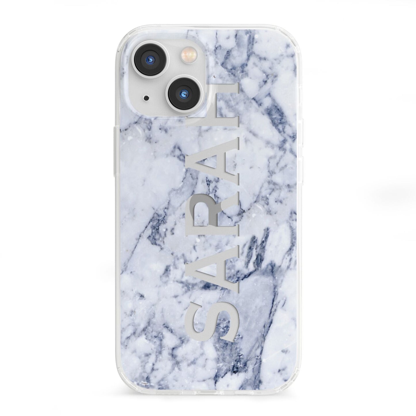 Personalised Clear Name Cutout Blue Marble Custom iPhone 13 Mini Clear Bumper Case