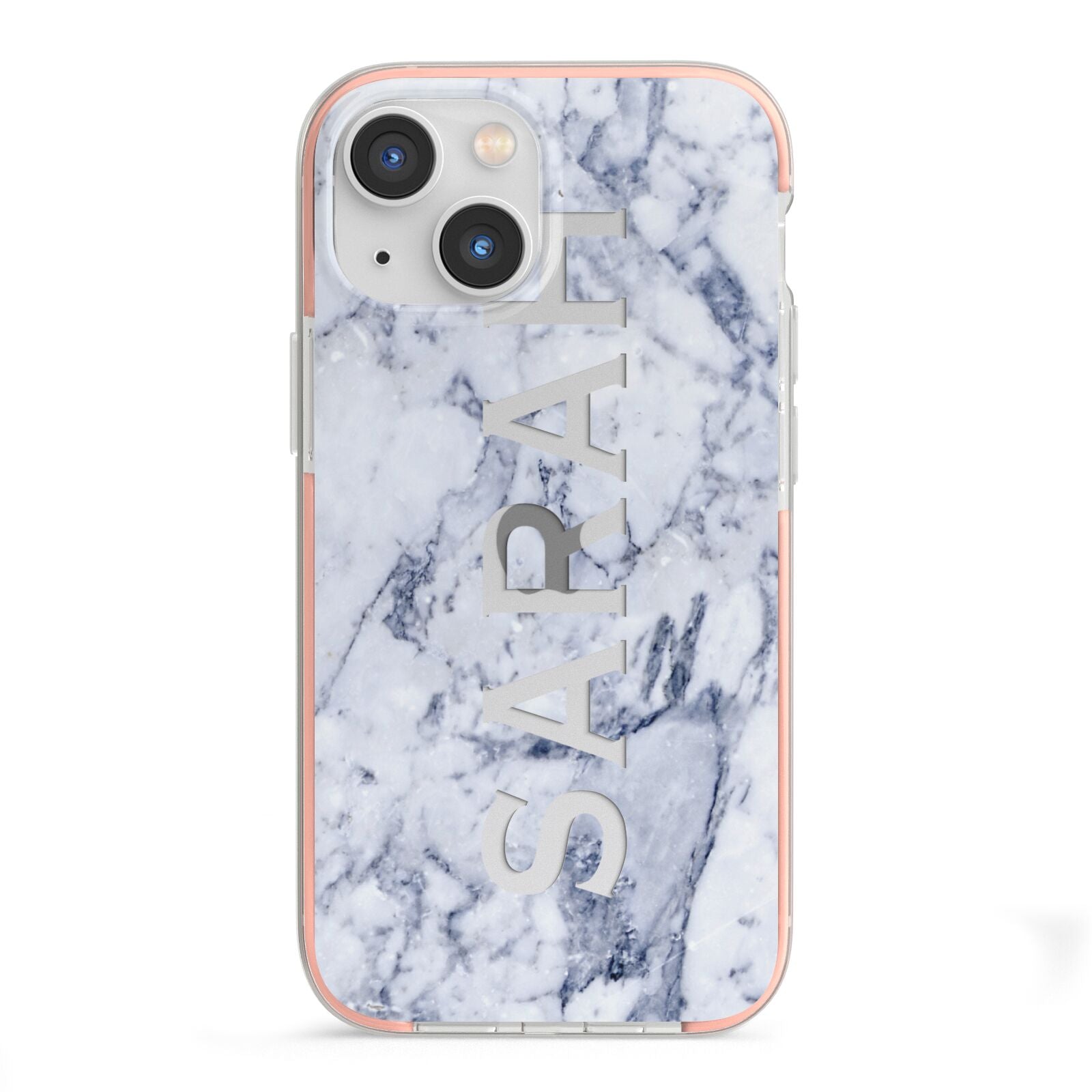 Personalised Clear Name Cutout Blue Marble Custom iPhone 13 Mini TPU Impact Case with Pink Edges