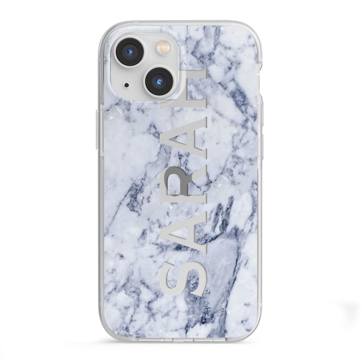 Personalised Clear Name Cutout Blue Marble Custom iPhone 13 Mini TPU Impact Case with White Edges