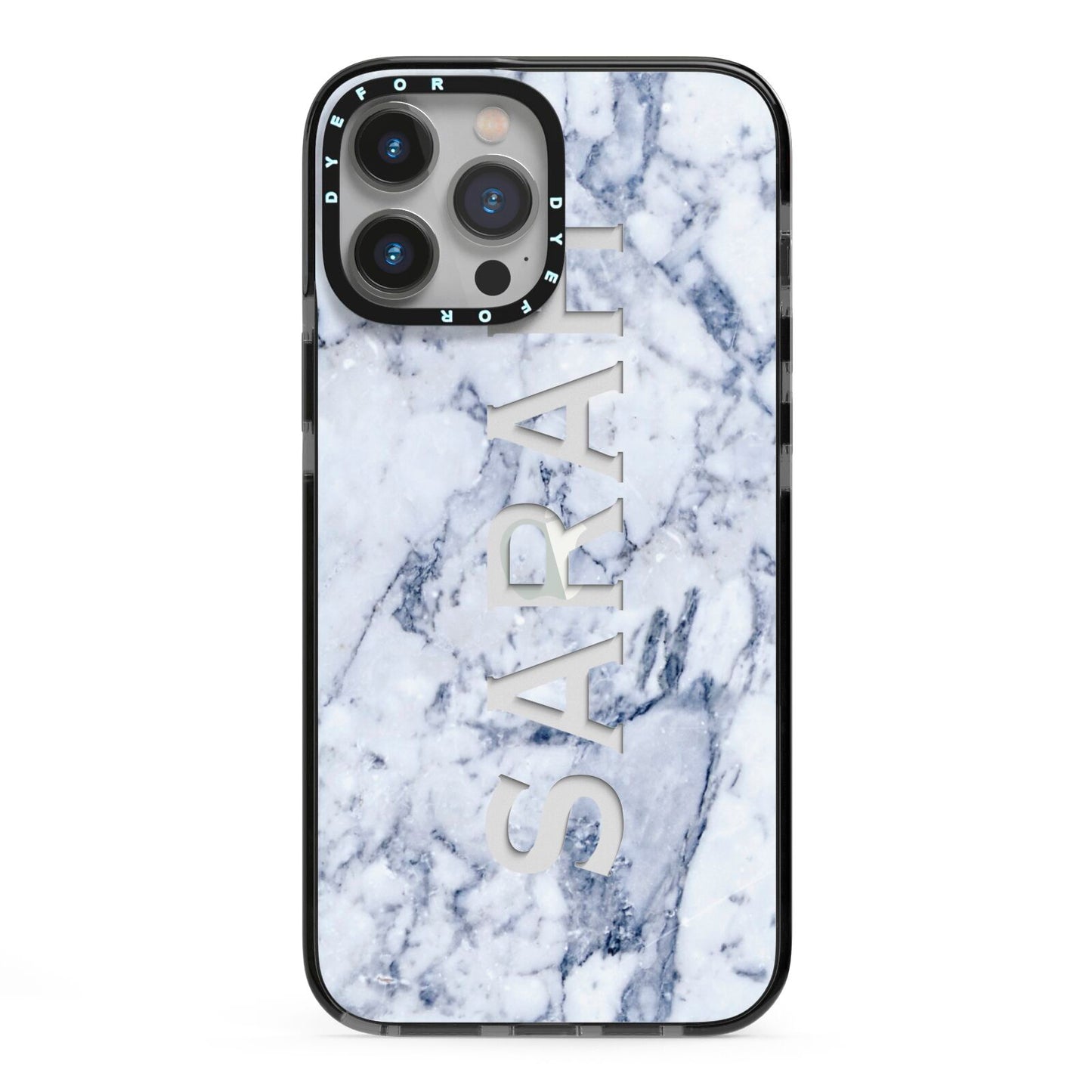 Personalised Clear Name Cutout Blue Marble Custom iPhone 13 Pro Max Black Impact Case on Silver phone