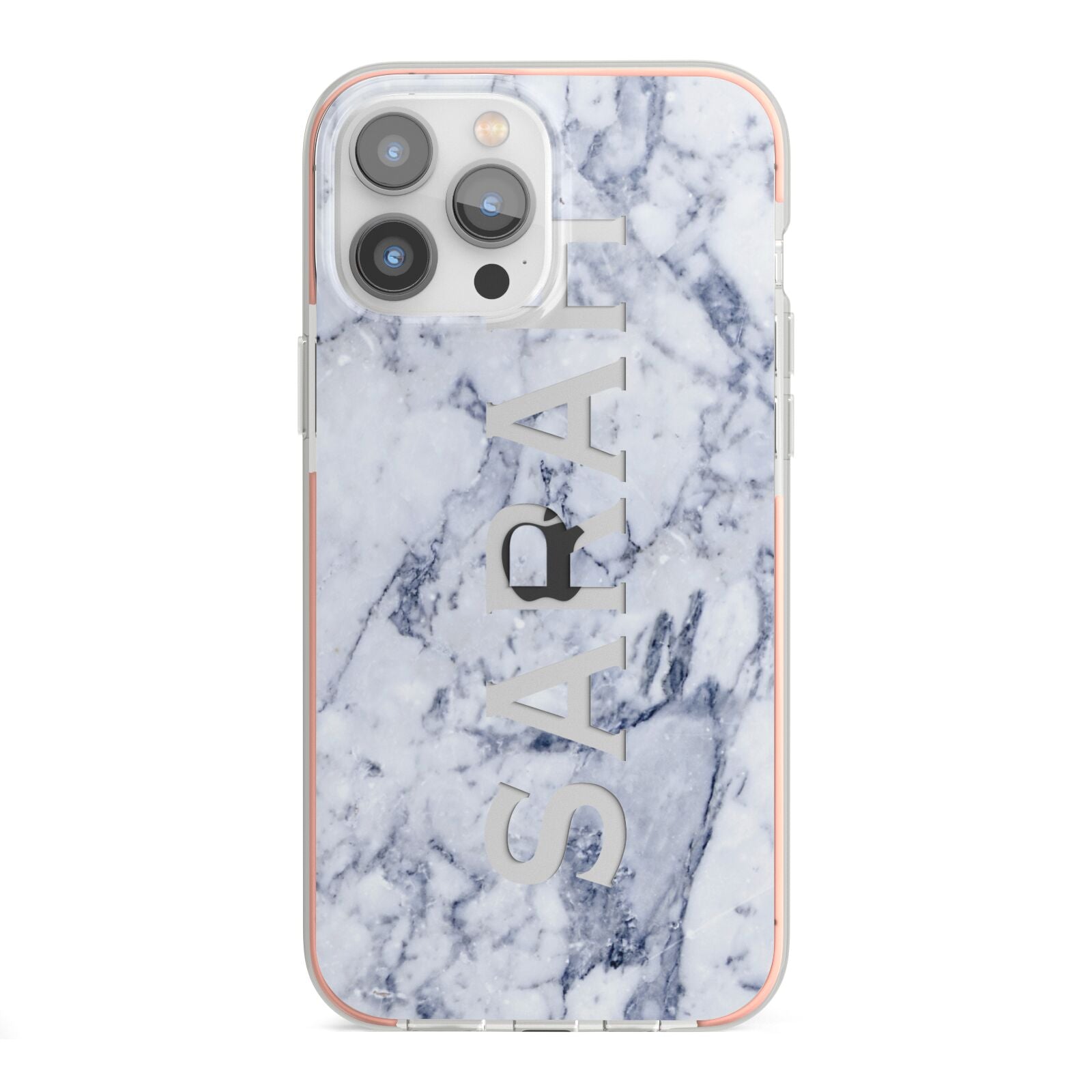 Personalised Clear Name Cutout Blue Marble Custom iPhone 13 Pro Max TPU Impact Case with Pink Edges