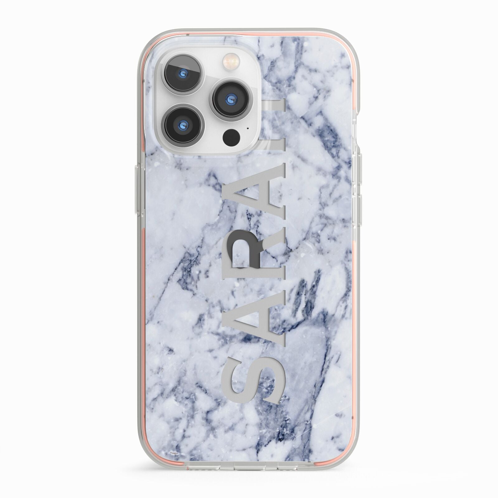 Personalised Clear Name Cutout Blue Marble Custom iPhone 13 Pro TPU Impact Case with Pink Edges