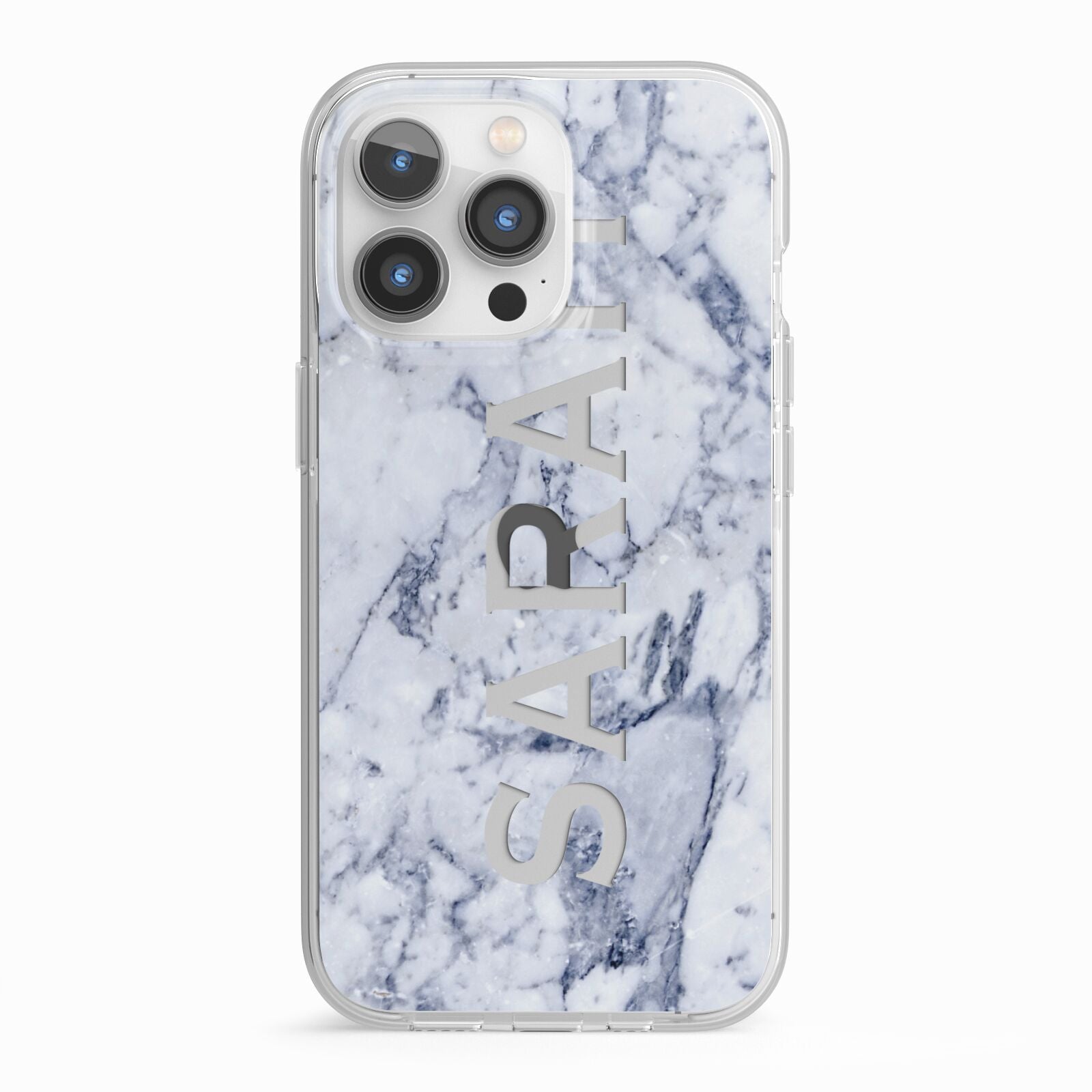 Personalised Clear Name Cutout Blue Marble Custom iPhone 13 Pro TPU Impact Case with White Edges