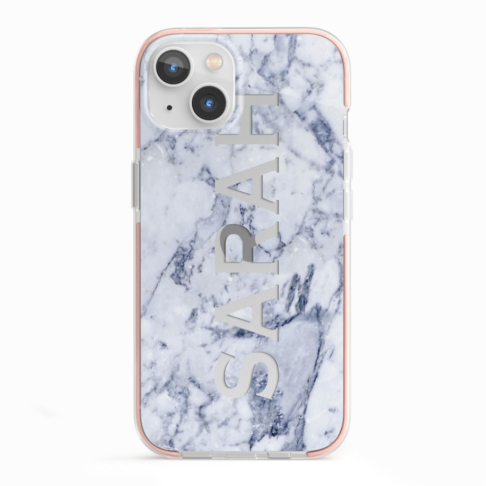 Personalised Clear Name Cutout Blue Marble Custom iPhone 13 TPU Impact Case with Pink Edges