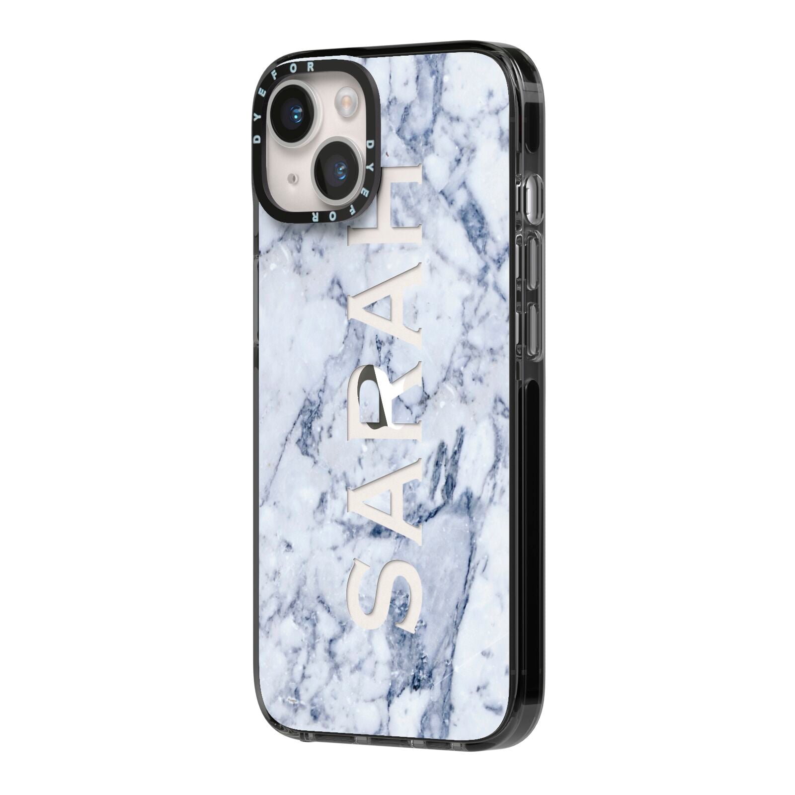 Personalised Clear Name Cutout Blue Marble Custom iPhone 14 Black Impact Case Side Angle on Silver phone