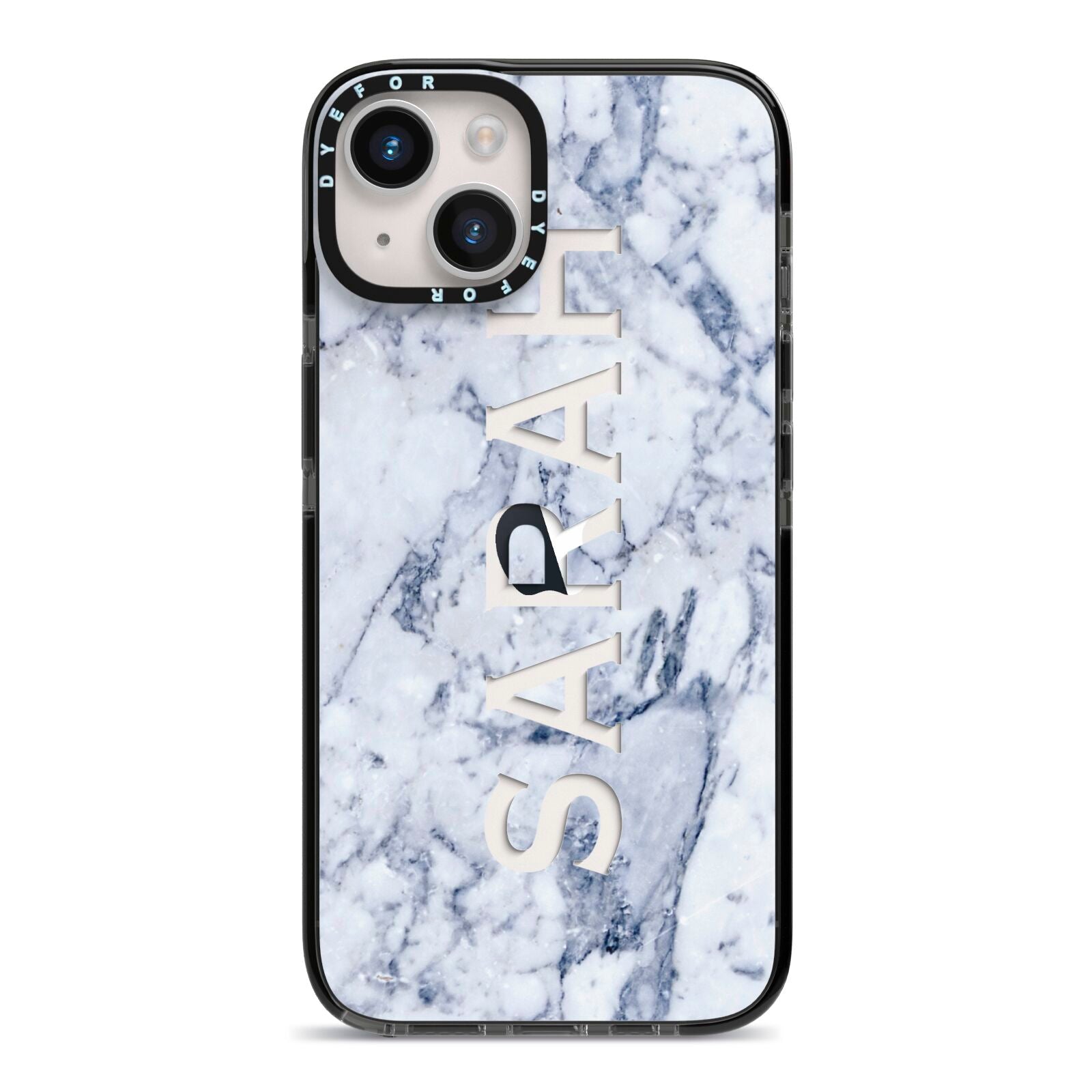 Personalised Clear Name Cutout Blue Marble Custom iPhone 14 Black Impact Case on Silver phone