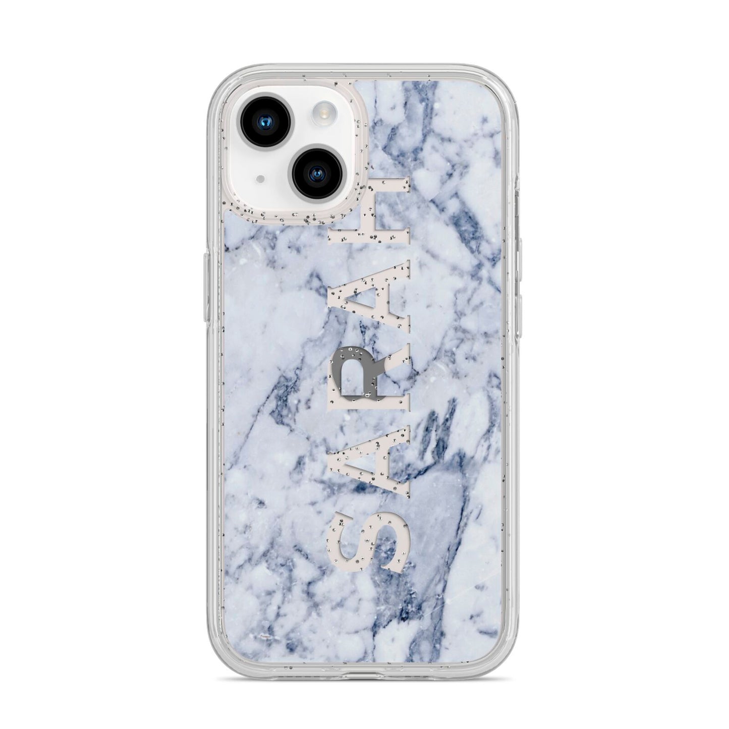 Personalised Clear Name Cutout Blue Marble Custom iPhone 14 Glitter Tough Case Starlight