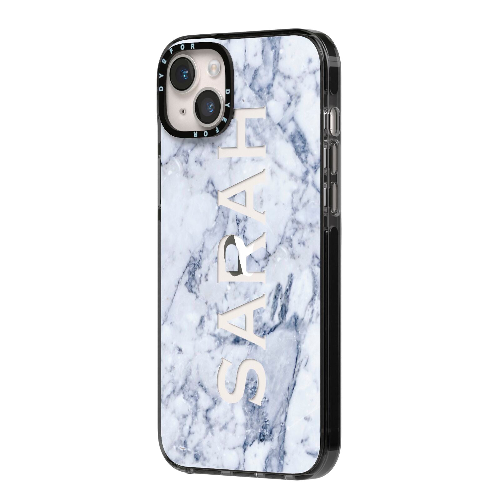 Personalised Clear Name Cutout Blue Marble Custom iPhone 14 Plus Black Impact Case Side Angle on Silver phone