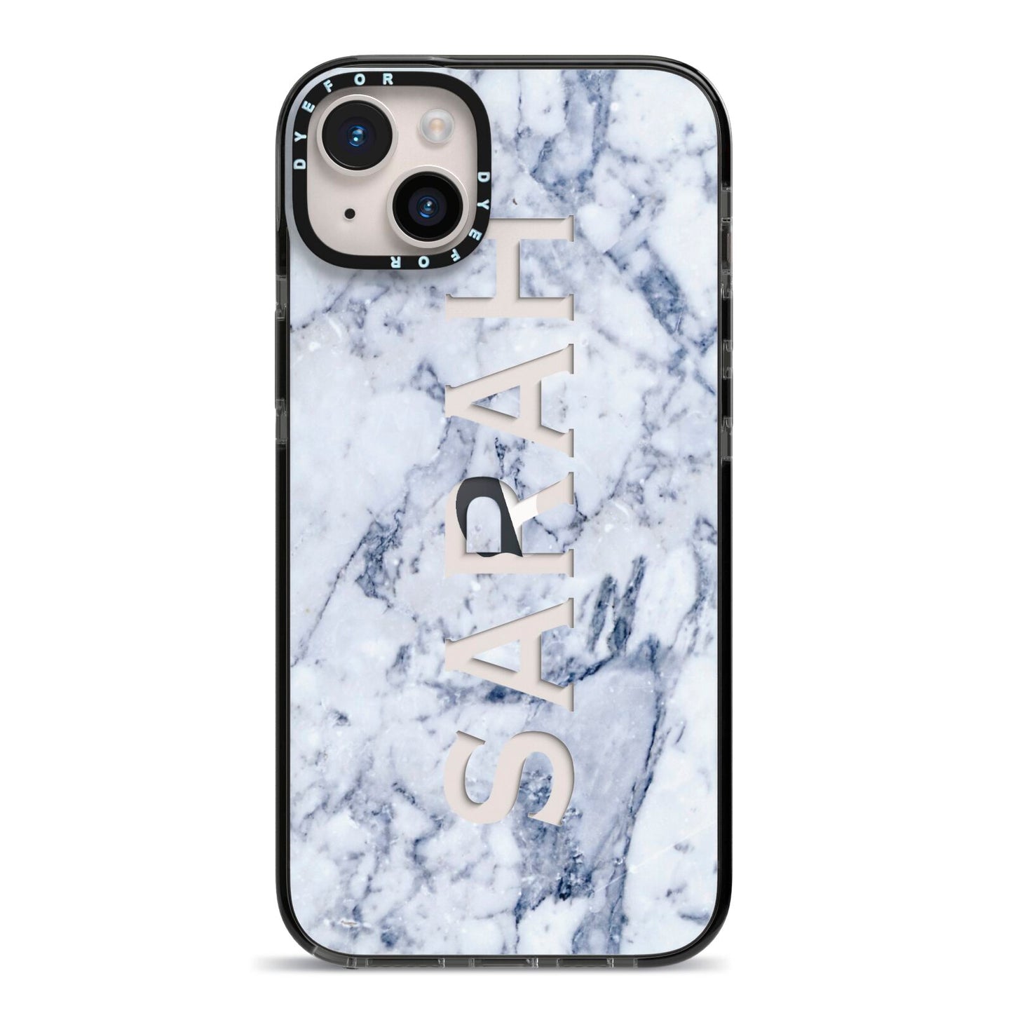 Personalised Clear Name Cutout Blue Marble Custom iPhone 14 Plus Black Impact Case on Silver phone