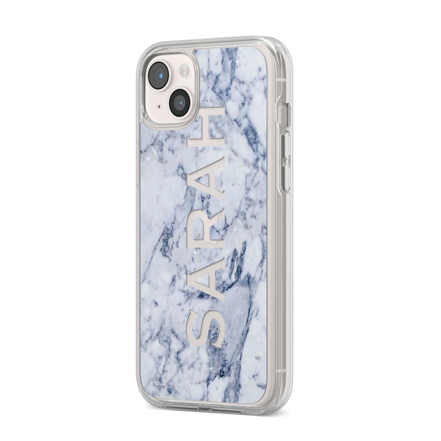 Personalised Clear Name Cutout Blue Marble Custom iPhone 14 Plus Clear Tough Case Starlight Angled Image