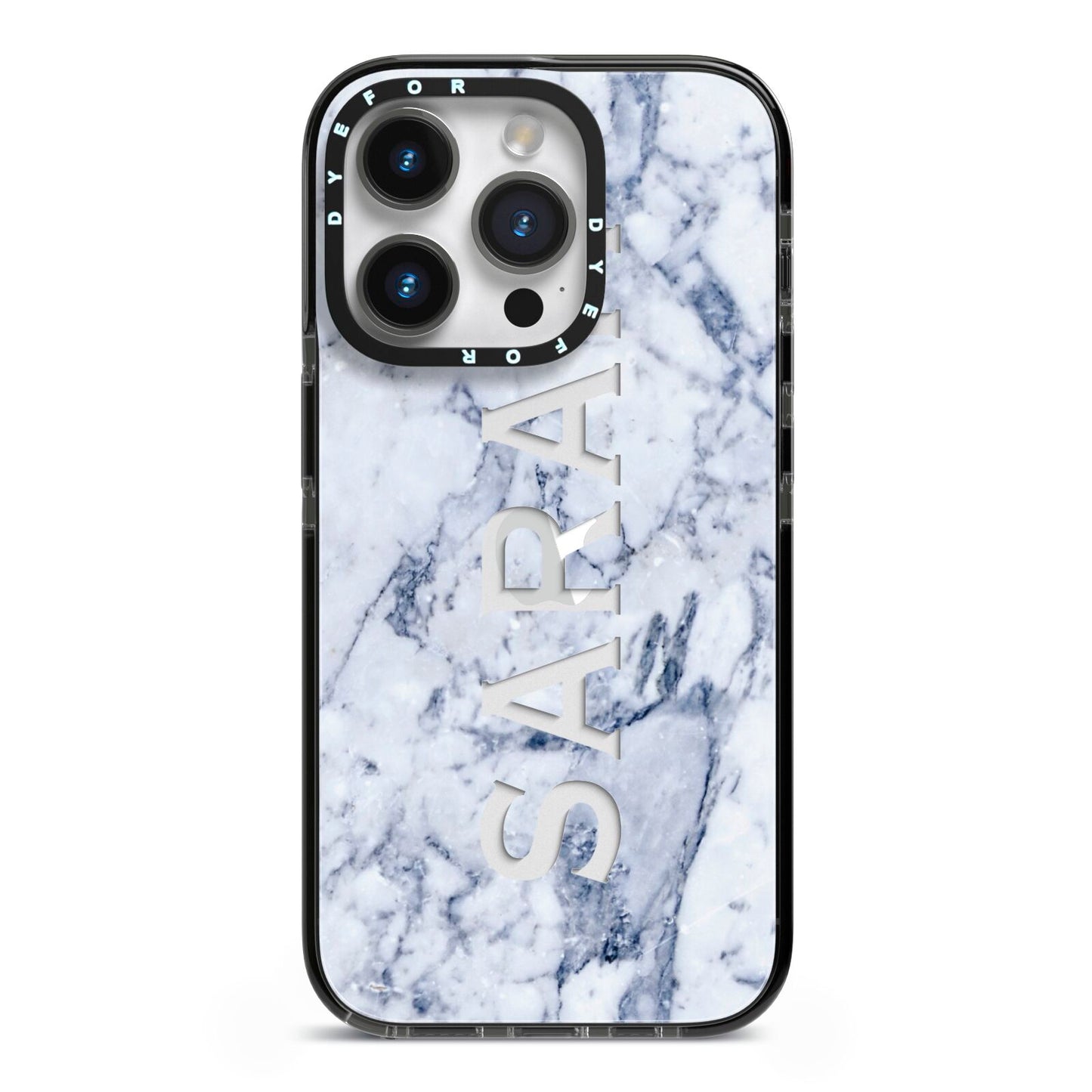 Personalised Clear Name Cutout Blue Marble Custom iPhone 14 Pro Black Impact Case on Silver phone