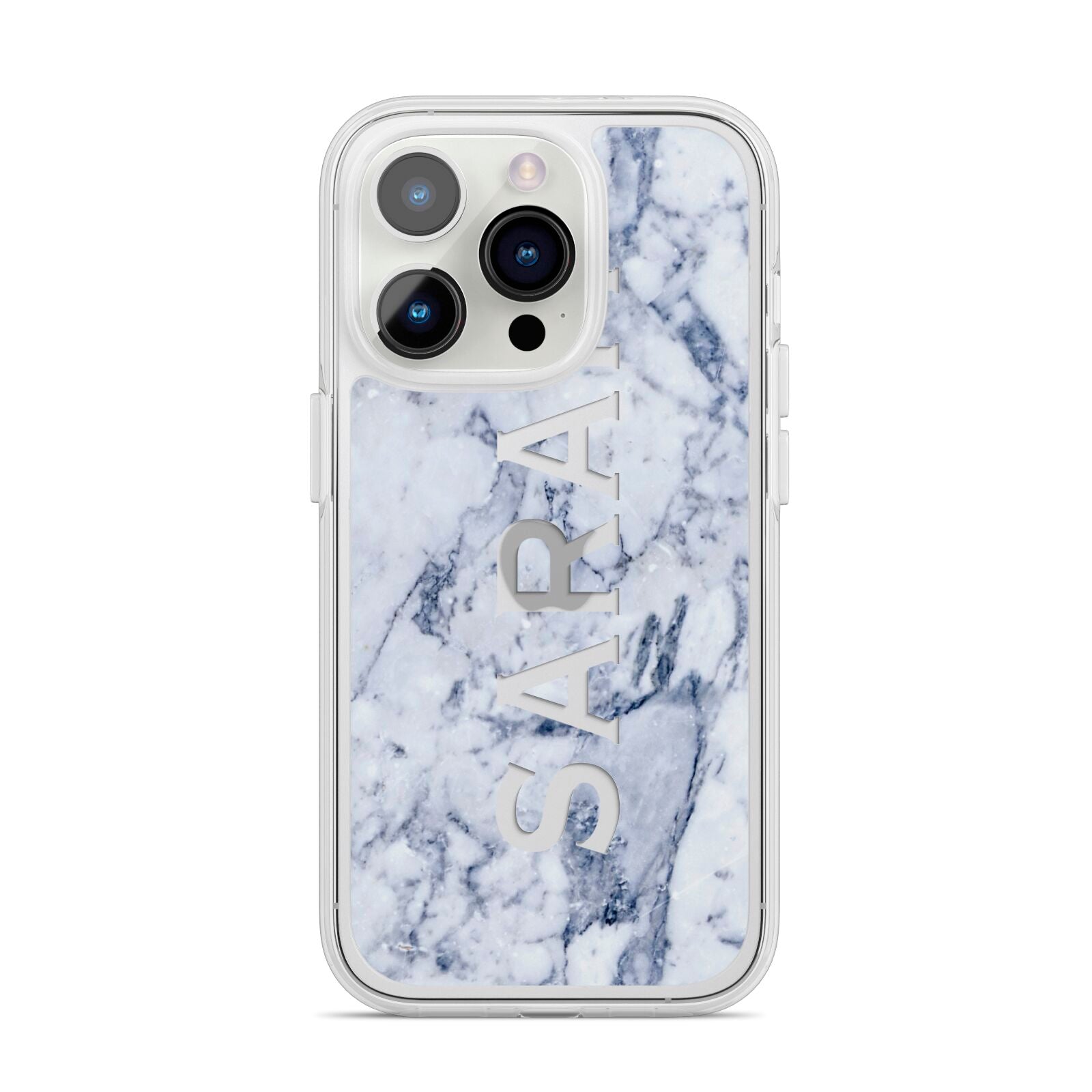 Personalised Clear Name Cutout Blue Marble Custom iPhone 14 Pro Clear Tough Case Silver