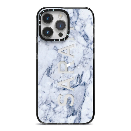 Personalised Clear Name Cutout Blue Marble Custom iPhone 14 Pro Max Black Impact Case on Silver phone