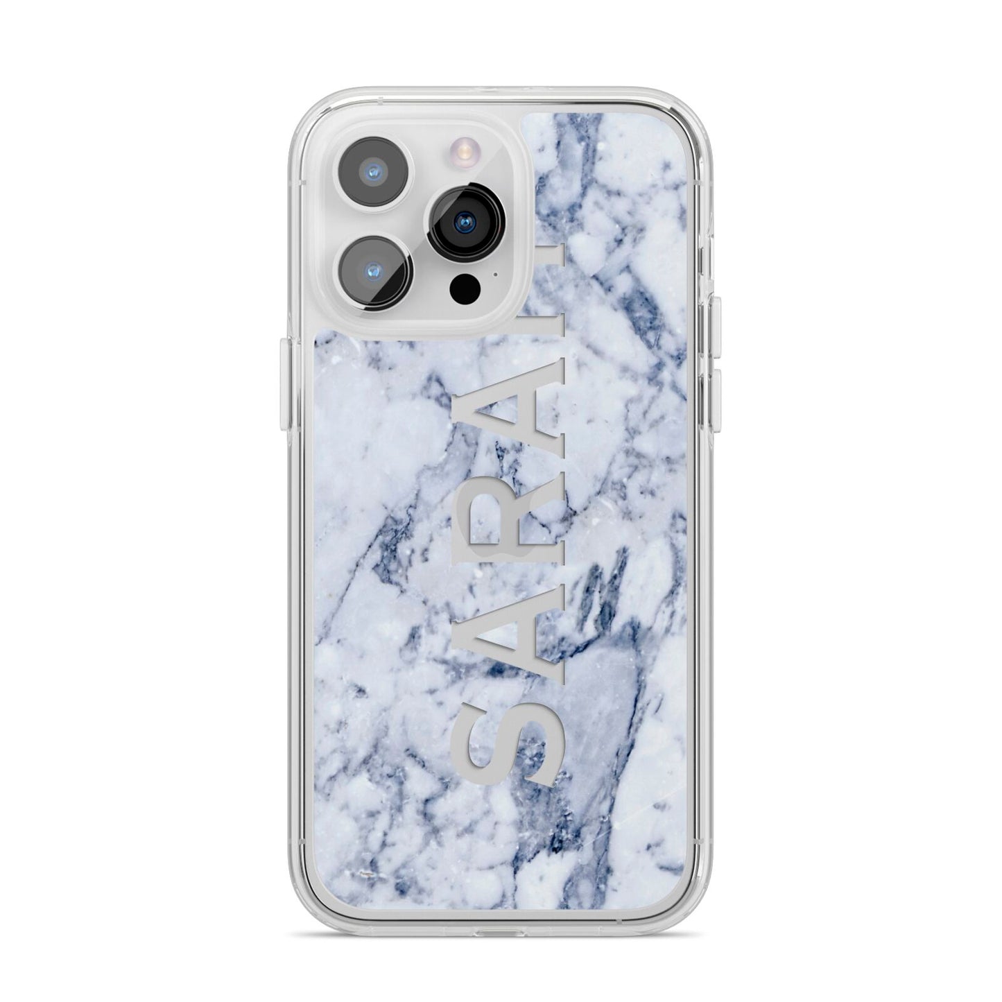 Personalised Clear Name Cutout Blue Marble Custom iPhone 14 Pro Max Clear Tough Case Silver