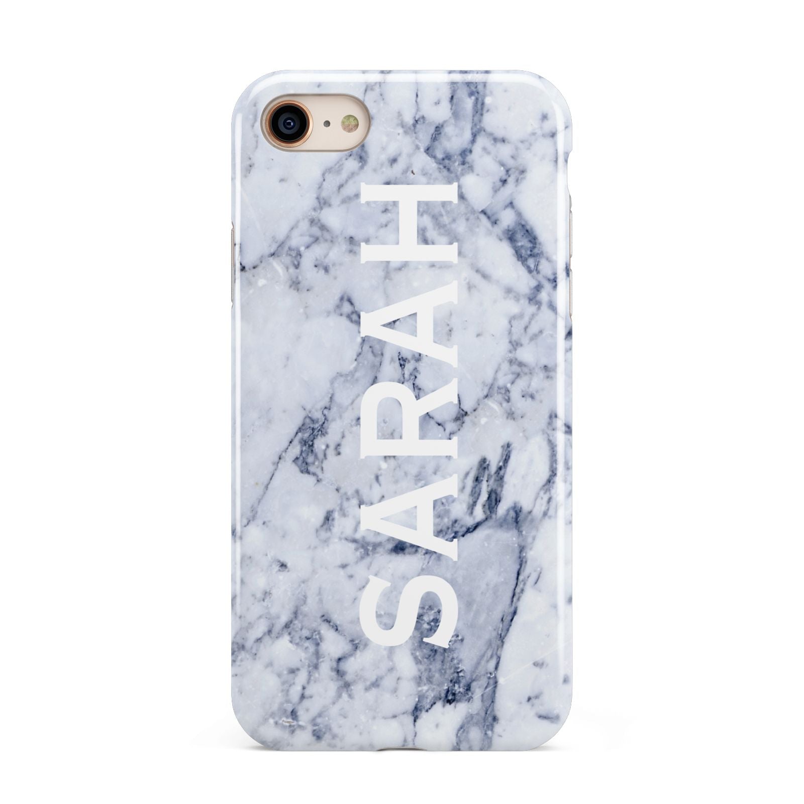 Personalised Clear Name Cutout Blue Marble Custom iPhone 8 3D Tough Case on Gold Phone