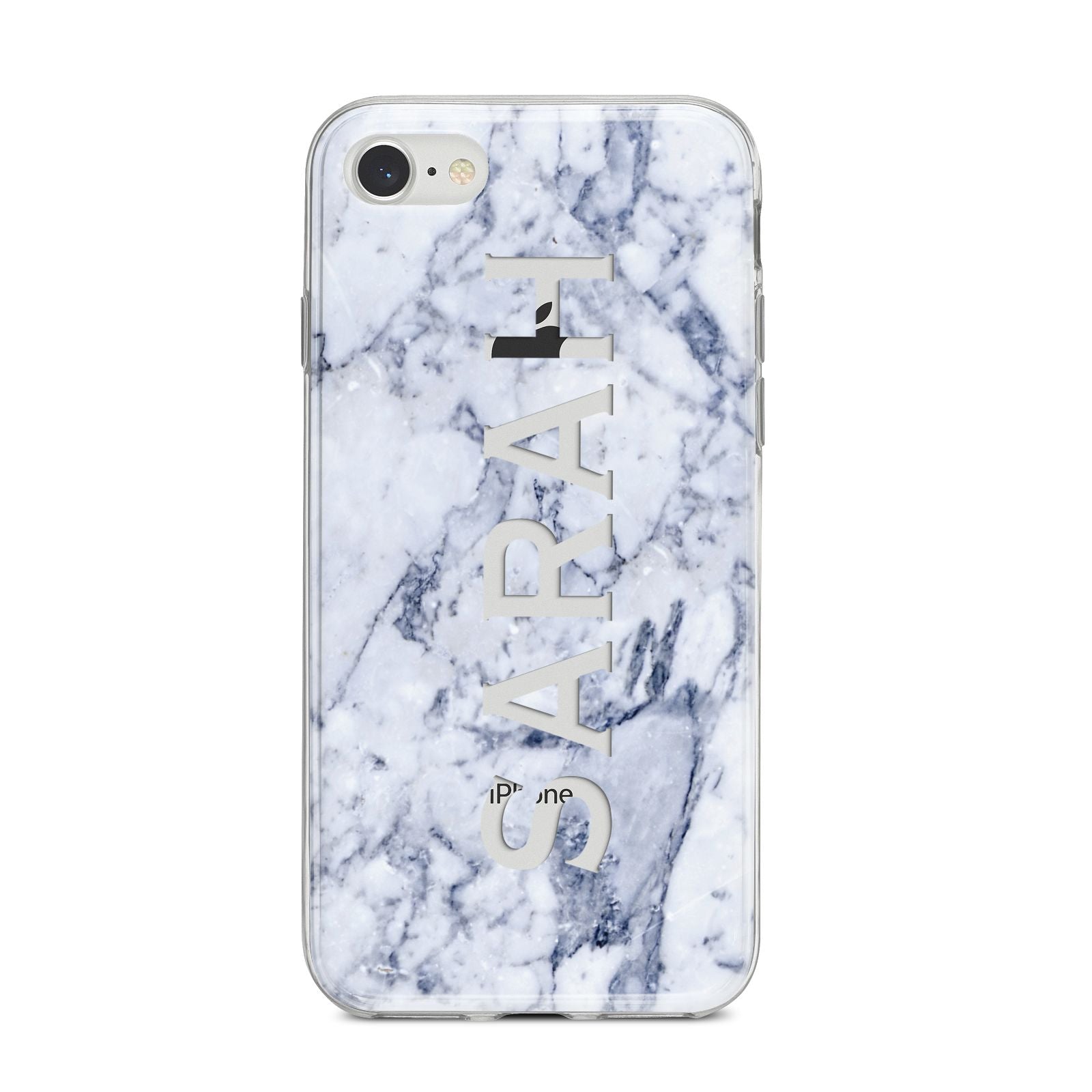 Personalised Clear Name Cutout Blue Marble Custom iPhone 8 Bumper Case on Silver iPhone