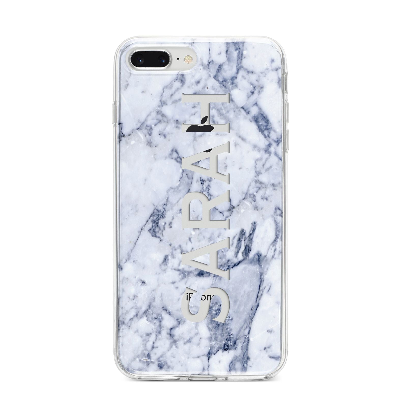 Personalised Clear Name Cutout Blue Marble Custom iPhone 8 Plus Bumper Case on Silver iPhone