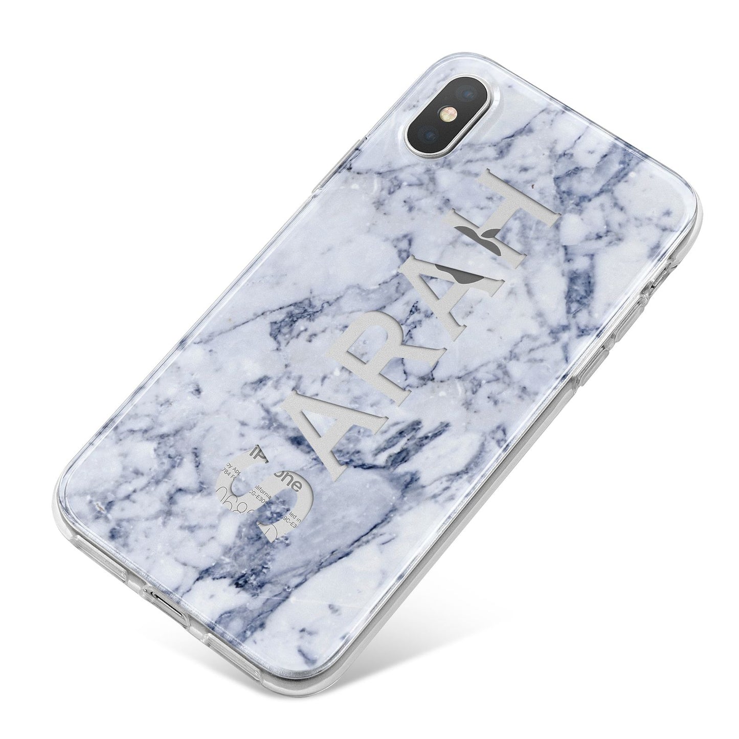 Personalised Clear Name Cutout Blue Marble Custom iPhone X Bumper Case on Silver iPhone